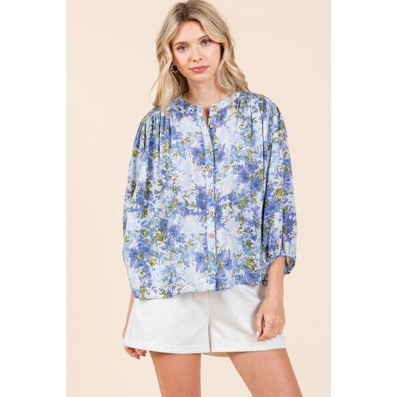 Mittoshop Flower Print Batwing Sleeves Button Down Relaxed Fit Blouse | Blue - Picture 2 of 7